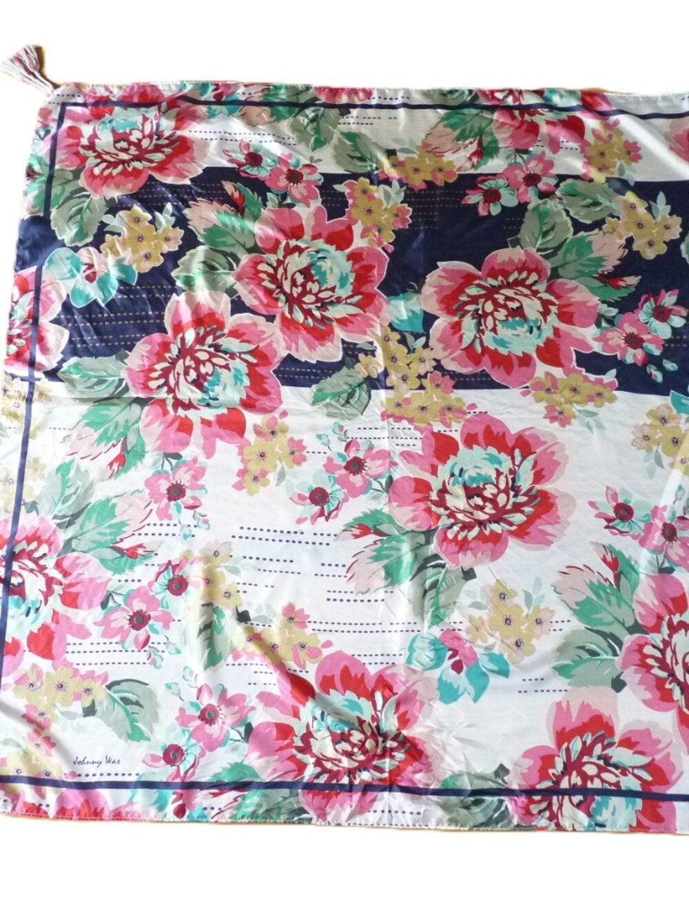 Johnny Was floral silk scarf with tassels